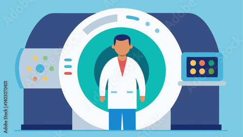 Technician at Control Panel A medical tech shown from the side standing in front of a large MRI machine with their hands gently positioned on the colorful interface panel that