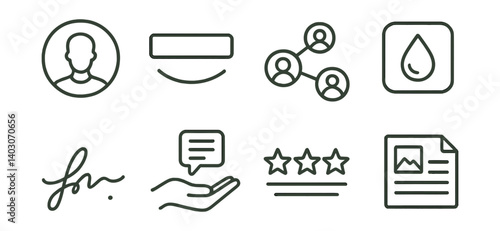 Set of icons: user profile, alt key, network, drop, signature, hand with chat bubble, rating stars, document.