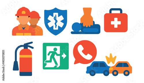 Set of safety icons: firefighters, medical shield, CPR, first aid, fire extinguisher, emergency exit, phone, crash.