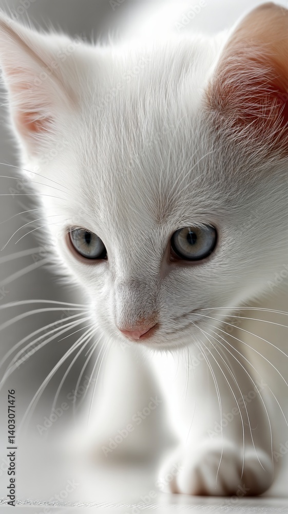 Gato blanco, primer plano, ojos grises, pelaje suave, fondo borroso, adorable, felino, retrato. Gato blanco, primer plano, ojos grises, pelaje suave, fondo borroso, adorable, felino, retrato.