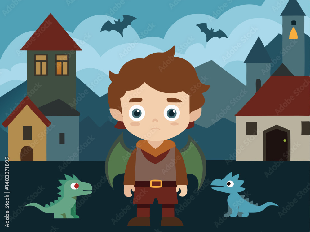 kid in a medieval village with dragons' fantasy kid in a medieval village with dragons' fantasy