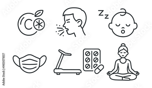 Set: Fruit, coughing person, sleeping baby, mask, treadmill, medicine pack, meditating person.
