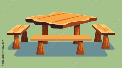 A wooden dining table with a live edge and matching benches creating a natural and rustic dining space.