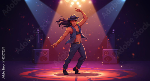 A woman is captured in a moment of joyful contemporary dancing, her back facing forward as she moves in harmony, The atmosphere radiates energy in a playful 