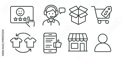 Set of icons: star rating, customer support, open box, shopping cart, clothing exchange, mobile review, store, user profile.