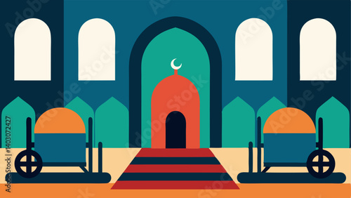 Prayer Mats A diverse range of prayer mats laid out in front of a mosque designed for ease of use for individuals with different mobility needs including larger spaces for