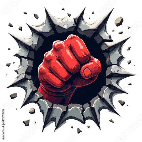 Red Fist Punching Through Wall, Power, Transparent Background.