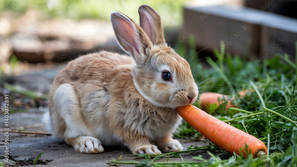 Fototapeta premium Charming fawn colored rabbit eyes a bright orange carrot in soft light.