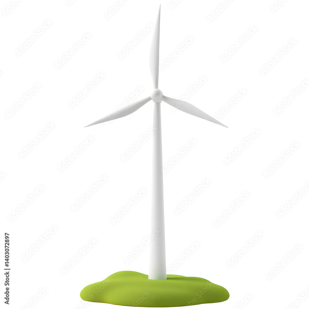 A 3D-rendered image of a white wind turbine standing on a small patch of green grass. A 3D-rendered image of a white wind turbine standing on a small patch of green grass.