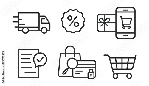 Set of icons: delivery truck, percentage symbol, smartphone with shopping cart, checklist with checkmark, shopping bag with credit card and magnifying glass, shopping cart.