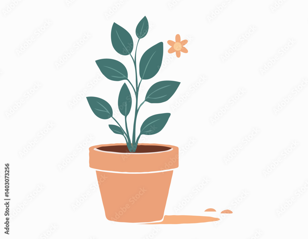 Pot de fleur de terre cuite avec le sol et jeune plante, illustration vectorielle d'isolement sur fond blanc Pot de fleur de terre cuite avec le sol et jeune plante, illustration vectorielle d'isolement sur fond blanc