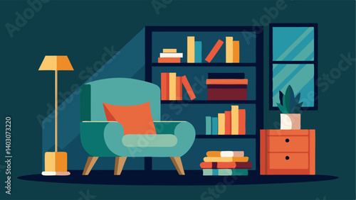 A stylish reading nook with a plush armchair and geometric bookshelf.