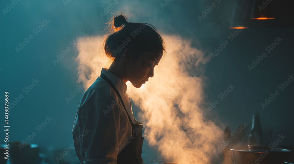 Woman chef cooking food in professional kitchen with steam and smoke culinary arts photography Woman chef cooking food in professional kitchen with steam and smoke culinary arts photography
