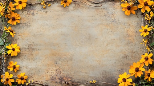 Decorative Coreopsis floral decorative border with yellow flowers and delicate vines creating a charming frame around a rustic background