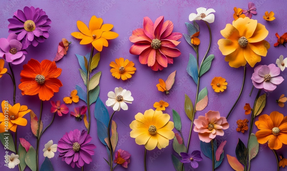 multicolored spring flowers on purple background multicolored spring flowers on purple background