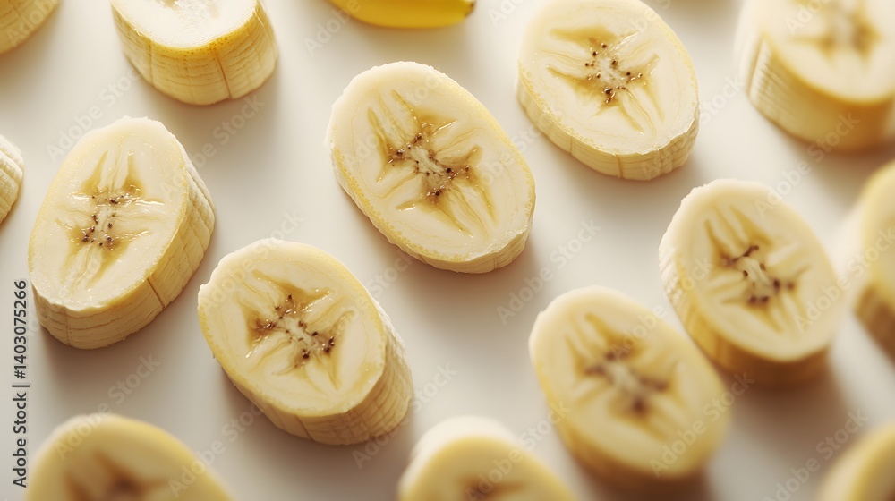 A flatlay showcasing multiple banana slices arranged in rows on a white background. The image features the vibrant yellow color of the banana flesh and the natural texture of the fruit. A flatlay showcasing multiple banana slices arranged in rows on a white background. The image features the vibrant yellow color of the banana flesh and the natural texture of the fruit.