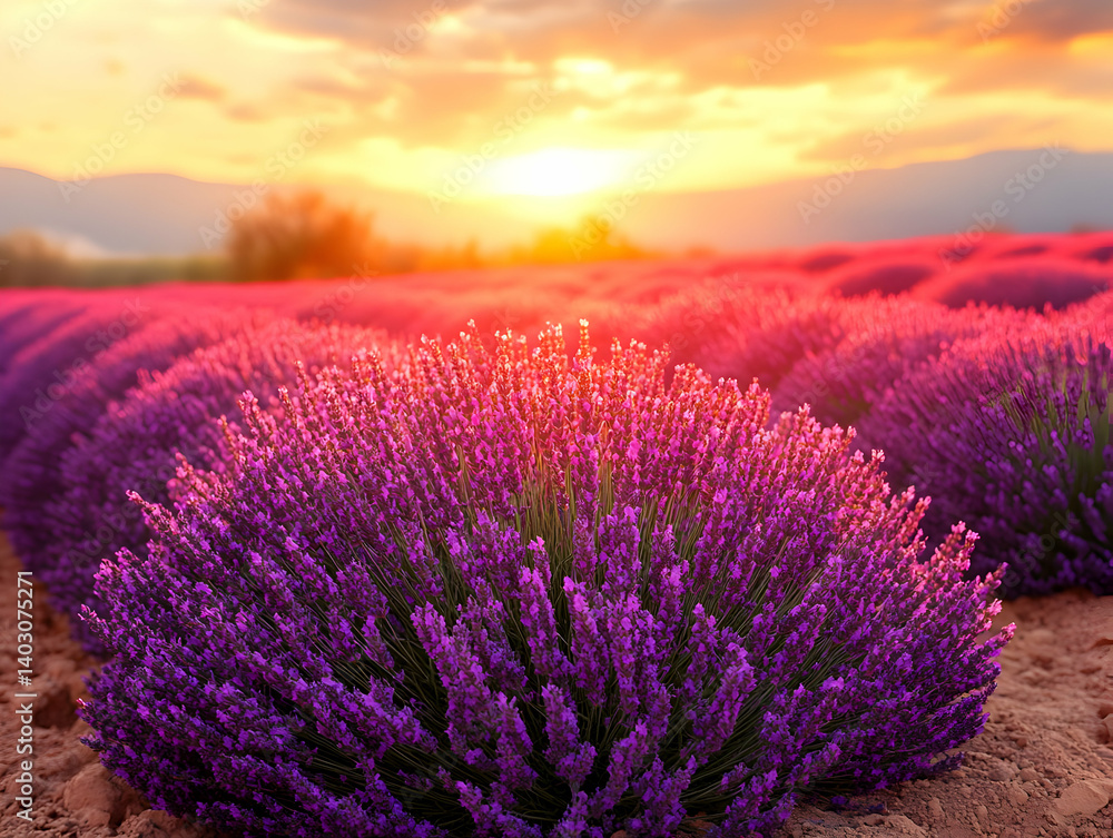 Fototapeta premium Purple flower field sunset