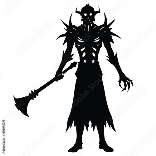 Silhouette of Undead Lich King Warrior with Scythe: Fantasy Character Art, Dark Fantasy Illustration, Skeleton Knight, Evil Sorcerer Image