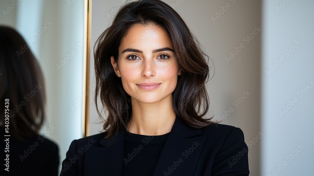 Confident woman with long dark hair smiles in front of a mirror, wearing a black outfit in a well-lit, modern environment. Confident woman with long dark hair smiles in front of a mirror, wearing a black outfit in a well-lit, modern environment.