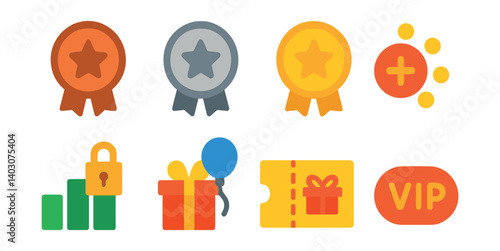 Set of medals, plus, lock, gift, balloon, ticket, VIP icons.