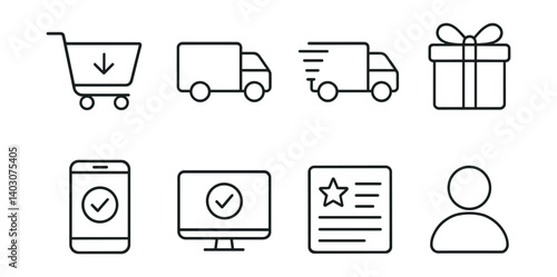 Set: Shopping cart, truck, delivery, gift, smartphone, computer, document, user.