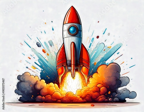 Cartoon rocket launching, white background