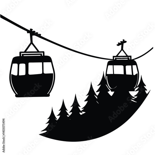 Black and White Gondola Lift Silhouette: Mountain Cable Car with Pine Trees Vector Graphic for Ski Resort and Travel Designs