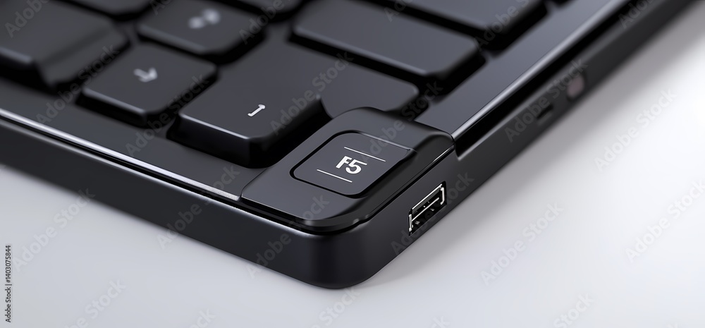 Black keyboard close-up; F5 key detail; USB port; white background Black keyboard close-up; F5 key detail; USB port; white background