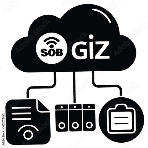 SOB GIZ Cloud Computing Icon: Black & White Vector Graphic of Data Storage, File Management, & Wireless Network for Business & Technology