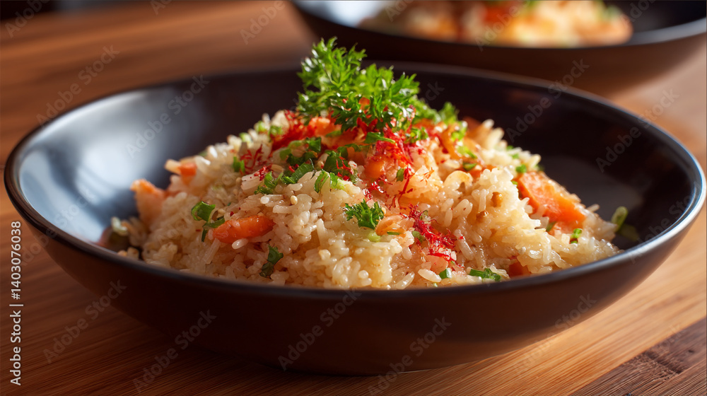 Delicious homemade fried rice recipe with fresh vegetables in a black bowl on wooden table top view Delicious homemade fried rice recipe with fresh vegetables in a black bowl on wooden table top view