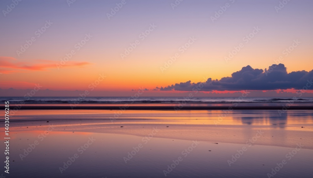 Obraz premium Tranquil sunset over ocean waves beachfront photography serene environment elevated viewpoint nature's beauty