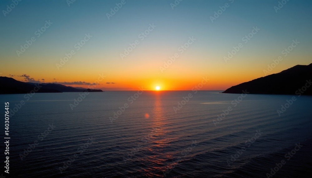Naklejka premium Sunset scenic view over calm ocean waters coastal landscape nature photography serene environment aerial perspective