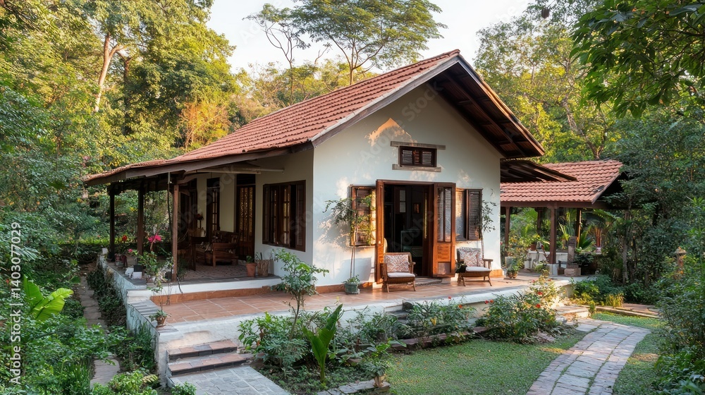 A small house nestled into lush and vibrant green surroundings A small house nestled into lush and vibrant green surroundings