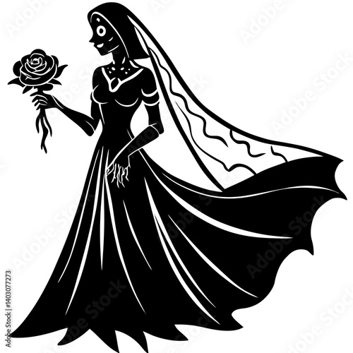 A ghost bride holding a rose, silhouette in flowing gown