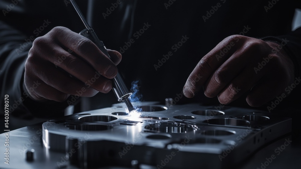 Welding technician adjusting metal parts. Featuring precision and welding Welding technician adjusting metal parts. Featuring precision and welding