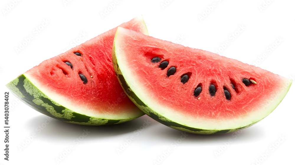 Two juicy slices of watermelon, showcasing vibrant red flesh and black seeds, are presented against a stark white background. Perfect for summer themes. Two juicy slices of watermelon, showcasing vibrant red flesh and black seeds, are presented against a stark white background. Perfect for summer themes.