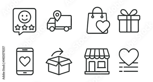 Set of icons: smiley rating, delivery truck, shopping bag, gift, phone, box, store, heart.