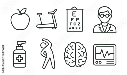 Set of icons: apple, treadmill, eye chart, doctor, sanitizer, stretching, brain, heart monitor.