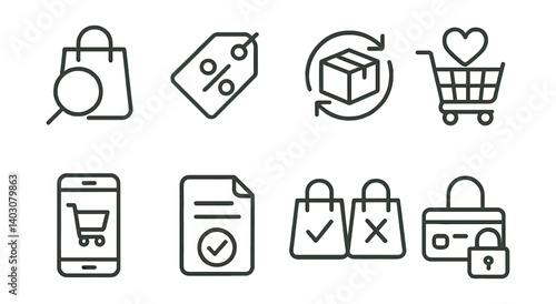 Set of icons: shopping bag, tag, box, cart, phone, document, bags, lock.