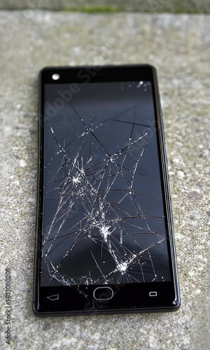 Broken smartphone screen on a pavement