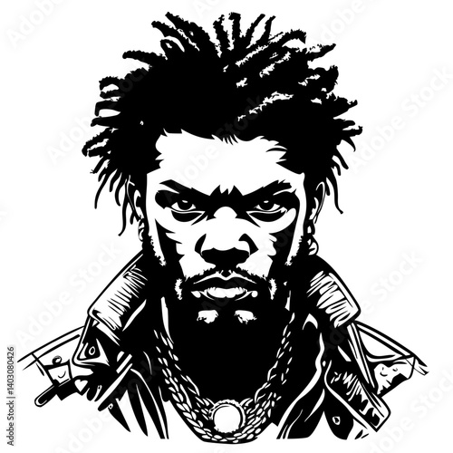 Bold Black Male Portrait with Dreadlocks in Leather Jacket for Tattoo and Art Design