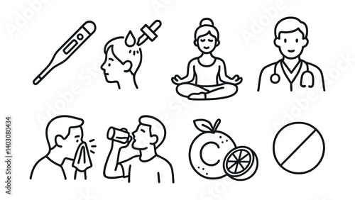 Set of eight health-related icons including thermometer, doctor, and vitamins.