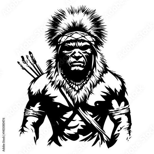 Fierce Warrior with Tribal Features and Arrows Perfect for Tattoo or T-Shirt Design