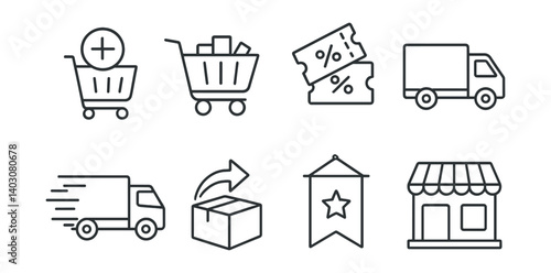 Set of shopping cart, products, discount, trucks, delivery, package, banner, storefront icons.