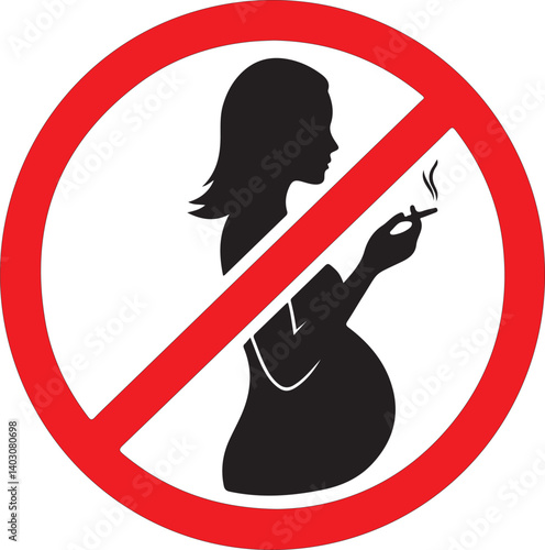 NO SMOKING sign concept. Crossed silhouette of smoking pregnant woman.