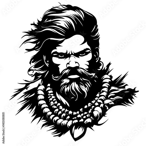 Intricate Portrait of a Fierce Bearded Man with Flowing Hair Detailed Vintage Style Design