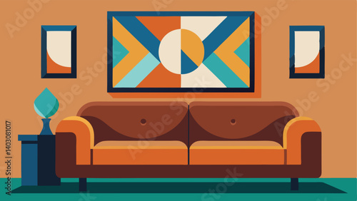 A statement piece of abstract art hangs above a luxurious leather sofa creating a focal point in the living room.