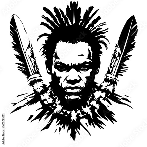Powerful Warrior Illustration with Feathers and Tribal Elements for Tattoo Design and Artwork