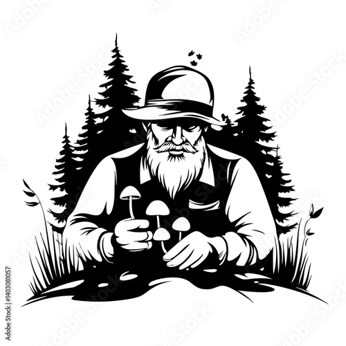 Mushroom Forager with Forest Background Vintage Illustration for Nature Inspired Designs