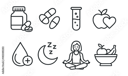 Set of icons: medicine, pills, test tube, apple heart, blood drop, moon sleep, yoga, fruit bowl.
